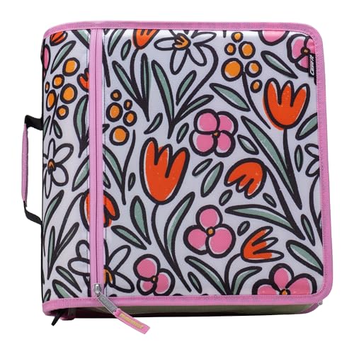 Case-it Mighty D-146-FUN D-146-FUN Ordner mit Reißverschluss, 7,6 cm O-Ring mit 5-farbigen Reitern, erweiterbarer Aktenordner und Schultergurt und Griff, D-146-FUN Blumen von CASE IT