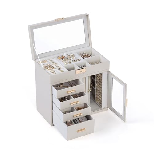 CASEGRACE Große Schmuckschatulle, 5-lagiger Schmuck-Organizer, 4 Schubladen mit abgerundetem, um 360° drehbarem Halskettenhalter für Halsketten, Armbänder, Ohrringe, Ringe, Uhren, Sonnenbrillen, von CASEGRACE