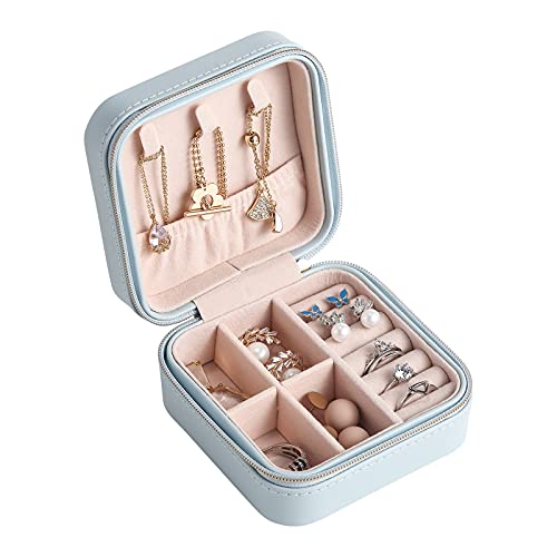 CASEGRACE Reise-Schmucketui, kleine Schmuckschatulle, tragbarer Schmuck-Organizer, Display-Aufbewahrungskoffer für Ringe, Ohrringe, Halsketten, Armband, Geschenk für Frauen und Mädchen, Himmelblau von CASEGRACE