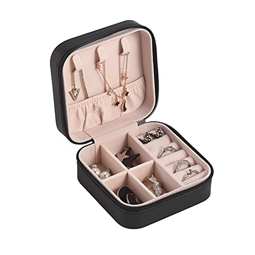 CASEGRACE Reise-Schmucketui, kleine Schmuckschatulle, tragbarer Schmuck-Organizer, Display-Aufbewahrungskoffer für Ringe, Ohrringe, Halsketten, Armband, Geschenk für Frauen und Mädchen, schwarz von CASEGRACE