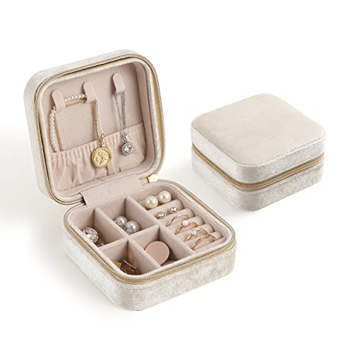 CASEGRACE Reise-Schmuckkästchen, Plüsch-Samt-Schmuckschatulle, kleiner Schmuck-Reise-Organizer, Präsentation, Ringe, Halsketten, Armbänder, Ohrringe, Aufbewahrungsbox für Damen, Perlweiß von CASEGRACE