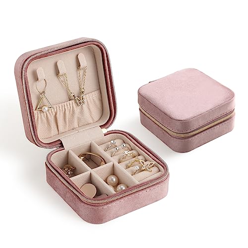 CASEGRACE Reise-Schmuckkästchen, Plüsch-Samt-Schmuckschatulle, kleiner Schmuck-Reise-Organizer, Präsentation, Ringe, Halsketten, Armbänder, Ohrringe, Aufbewahrungsbox für Damen und Mädchen, Rosa von CASEGRACE