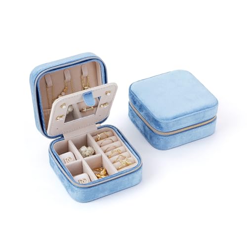 CASEGRACE Reise-Schmuckkästchen, Plüsch-Samt-Schmuckschatulle, kleiner Schmuck-Reise-Organizer, Präsentation, Ringe, Halsketten, Armbänder, Ohrringe, Aufbewahrungsbox für Damen und Mädchen, Hellblau von CASEGRACE