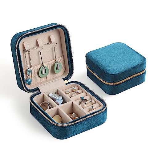 CASEGRACE Reise-Schmuckkästchen, Plüsch-Samt-Schmuckschatulle, kleiner Schmuck-Reise-Organizer, Präsentation, Ringe, Halsketten, Armbänder, Ohrringe, Aufbewahrungsbox für Damen und Mädchen, Blau von CASEGRACE