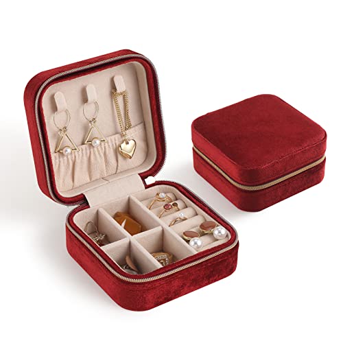 CASEGRACE Reise-Schmuckkästchen, Plüsch-Samt-Schmuckschatulle, kleiner Schmuck-Reise-Organizer, Präsentation, Ringe, Halsketten, Armbänder, Ohrringe, Aufbewahrungsbox für Damen und Mädchen, Rot von CASEGRACE