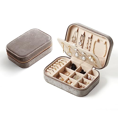 CASEGRACE Reise-Schmuckschatulle aus Plüschsamt, tragbarer Schmuckkoffer für Frauen und Mädchen, doppellagiger Schmuck-Organizer für Halsketten, Ohrringe, Ringe, Armband, Reisezubehör, Geschenke, grau von CASEGRACE