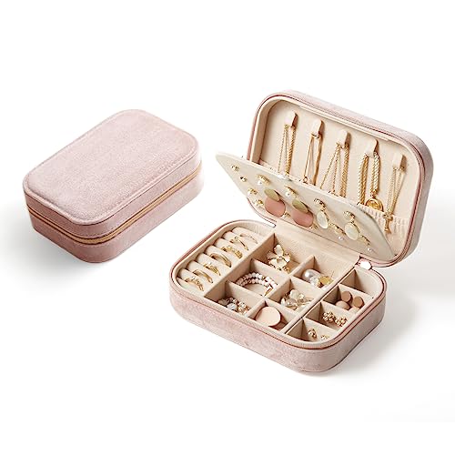 CASEGRACE Reise-Schmuckschatulle aus Plüschsamt, tragbarer Schmuckkoffer für Frauen und Mädchen, doppellagiger Schmuck-Organizer für Halsketten, Ohrringe, Ringe, Armband, Reisezubehör, Geschenke, Rosa von CASEGRACE