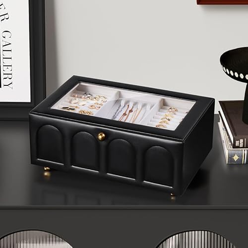 CASEGRACE Schmuckschatulle für Damen, 2-lagig, doppelte Schublade, Schmuck-Organizer, Glasdeckel, große Schmuckvitrine für Halsketten, Armbänder, Ohrringe, Ringe, Aufbewahrung für Kommode, Schwarz von CASEGRACE