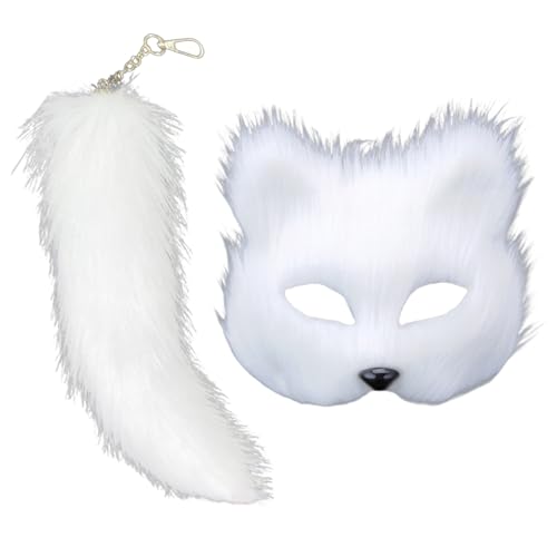 CASNO Kunstpelze Füchse Schwanz Katzen Wolf Maske Halloween Cosplay Kostüm für Mädchen Frauen Therian Maske und Schwanz Set Füchse Maske Schwanz Faux Pelze Füchse Schwanz Katzen Wolf Maske von CASNO