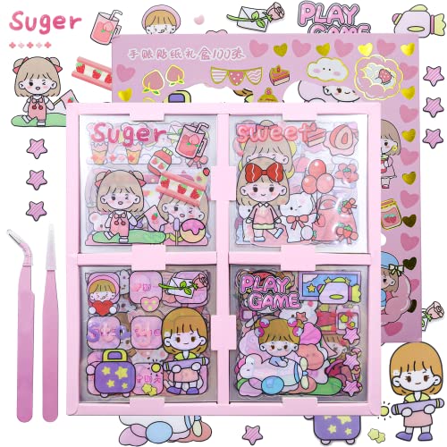 100 Stück Rosa Kawaii Sticker Cute mit 2 Pinzette PET Transparent Dekorative Wasserdichte Cartoon Mädchen Aufkleber Set Kawaii Scrapbook Aufkleber für Notizbuch Dekorieren, DIY-Kunsthandwerk, Tagebuch von CATELL