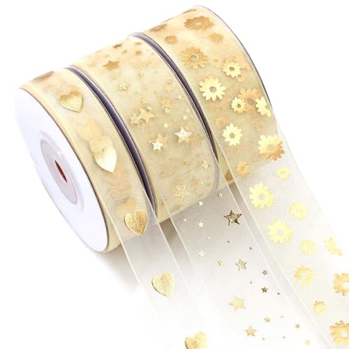 CAUTIOUS 3 Rollen Herz Bedruckt Satinband Gold Geschenkband Schleifenband Schneegarn Dekoband Organzaband Glitzerbändern Minimalistische Stil Bänder für Geschenkverpackung DIY Blumen(2,5/1,6mmx9m) von CAUTIOUS