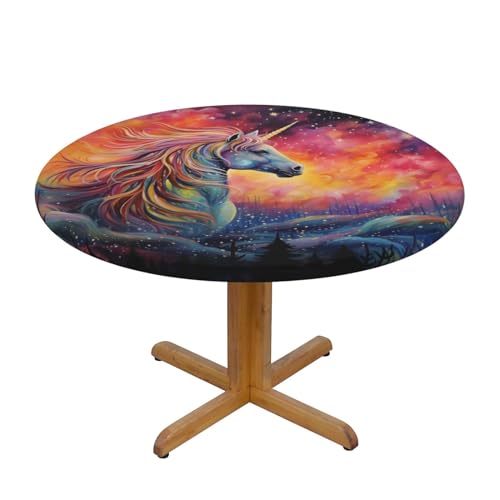 CAVYIA Bunte Einhorn-Tischdecke mit langem Horn, rund, wasserdichter Stoff, elastisches Band, für Familien-Esstische, runde Tische, achteckige Tische von CAVYIA