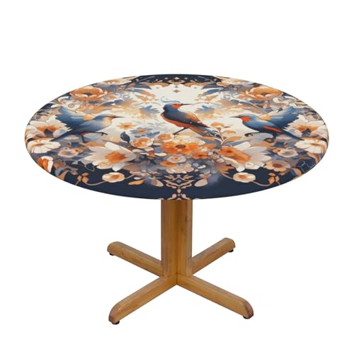 CAVYIA Bunte Vögel stehen auf Blumen, runde Tischdecke, wasserdichter Stoff, elastische Tischdecke, elastisches Band, für Familien-Esstische, runde Tische, achteckige Tische von CAVYIA
