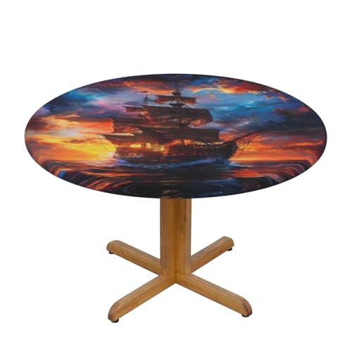 CAVYIA Piratenschiff auf See, runde Tischdecke, wasserdichter Stoff, elastische Tischdecke, elastisches Band-Design, für Familien-Esstische, runde Tische, achteckige Tische von CAVYIA