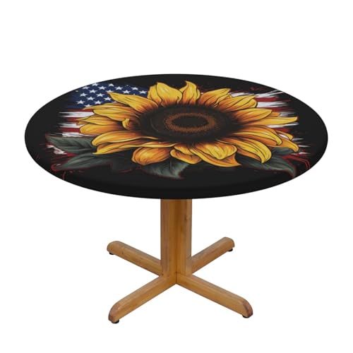 CAVYIA Runde Tischdecke mit Sonnenblumen und amerikanischer Flagge, wasserdichter Stoff, elastische Tischdecke, elastisches Band-Design, für Familien-Esstische, runde Tische, achteckige Tische von CAVYIA