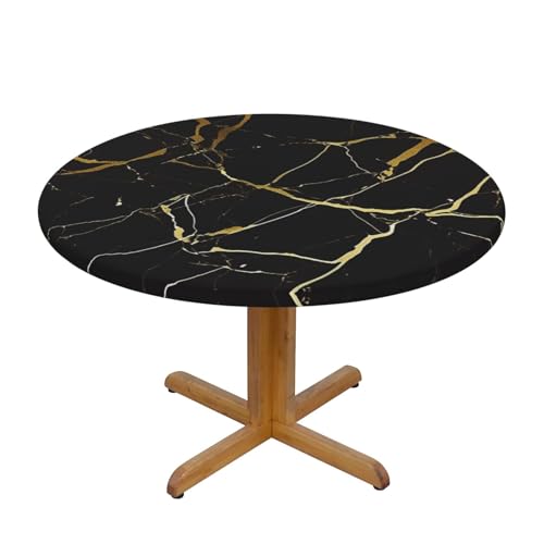 CAVYIA Runde Tischdecke mit goldenen und schwarzen Linien, wasserdichter Stoff, elastische Tischdecke, elastisches Band-Design, für Familien-Esstische, runde Tische, achteckige Tische von CAVYIA