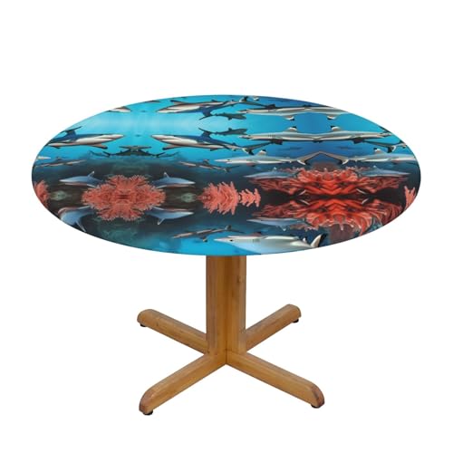 CAVYIA U-Boot-Haifisch-Korallen-Tischdecke, rund, wasserdichter Stoff, elastische Tischdecke, elastisches Band-Design, für Familien-Esstische, runde Tische, achteckige Tische von CAVYIA