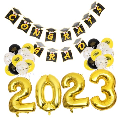 CAXUSD Graduationsdekorationen Set 2023 Banner Aluminiumfolie Ballon & 24 Luftballons 8 8 8 Goldglitzer Für Abschlussfeier Party Dekorationen Luftballons von CAXUSD