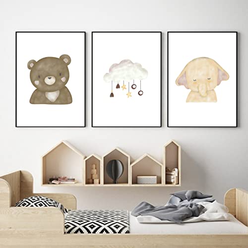 CAYBES 3 Stück Elefant Bär Wolken Abstrakte Kinderzimmer Wandkunst Leinwand Malerei Poster und Drucke Wandbilder Baby Kinderzimmer Schlafzimmer Dekor-40 * 60cm (Kein Rahmen) von CAYBES