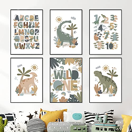 CAYBES 6 Stück Babyzimmer Alphabet Nummer Kinderzimmer Druck Nordische Poster Dinosaurier Wandkunst Leinwand Gemälde Bilder Baby Kinderzimmer Dekor Wandbilder-40x60cmx6 (Kein Rahmen) von CAYBES