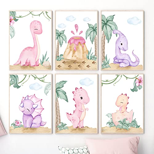 CAYBES 6 Stück Rosa Dinosaurier Vulkan Kinderzimmer Wandkunst Leinwand Gemälde Cartoon Dino Nordische Poster und Drucke Wandbilder Baby Kinder Schlafzimmer Zimmer Dekor-A4 (Kein Rahmen) von CAYBES