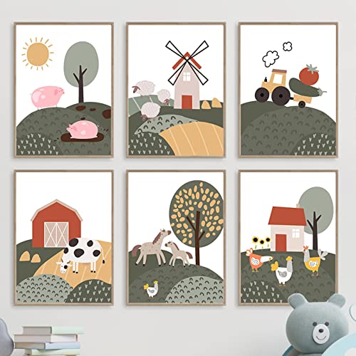 CAYBES 6-Teiliges Abstraktes Schwein Kuh Huhn Hütte Traktor Kinderzimmer Wandkunst Leinwandgemälde Bauernhoftiere Poster Drucke Bilder Baby und Kinderzimmer Dekorationn-30 * 40Cm (Ohne Rahmen) von CAYBES