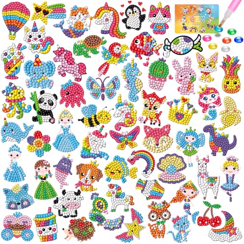 CAYUDEN Diamant Aufkleber, 60pcs 5D Diamant Painting Stickers Bilder Kinder DIY Diamond Painting Stickers Kit Kinder Mädchen Tiere Diamant Malerei Aufkleber Diamant Stickerset für Kinder 4 6 8 10 12 von CAYUDEN