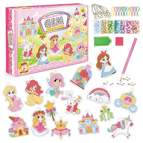 CAYUDEN Diamant Painting Schlüsselanhänger, 15 Stück 5D Diamond Painting Keychain Kits Kids DIY Prinzessin Diamant Anhänger Ornamente Gem Art Anhänger Bastelset Mädchen Kinder 4 6 8 10 12 Jahre von CAYUDEN