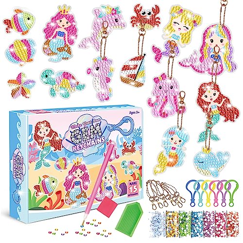 CAYUDEN Diamond Painting Anhänger Set, 15 Stück DIY Diamond Schlüsselanhänger Ornamente 5D Meerjungfrau Diamant Schlüsselanhänger Diamond Keychains Gem Anhänger für Kinder 8-12 Jahren Mädchen von CAYUDEN