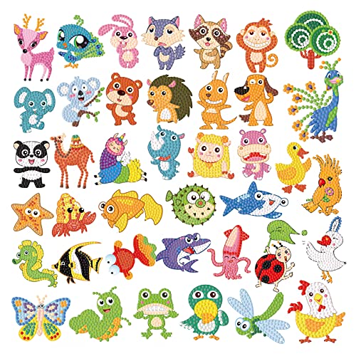 CAYUDEN Diamond Painting Aufkleber, 40pcs 5D Diamant Painting Bilder Kinder DIY Diamond Painting Kinder Mädchen Tiere Diamant Malerei Aufkleber Kit für Mitgebsel Kindergeburtstag Gastgeschenk von CAYUDEN