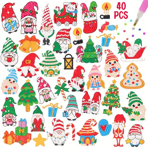 CAYUDEN Diamond Painting Aufkleber, 40pcs 5D Weihnachten Diamant Painting Stickers Kinder DIY Diamond Painting Kit Kinder Weihnachten Diamant Malerei Aufkleber für Christmas Gastgeschenk Dekoration von CAYUDEN