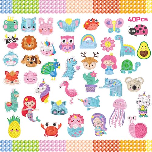 CAYUDEN Diamond Painting Aufkleber, 40pcs DIY Diamond Painting Stickers für Kinder 5D Diamant Kinder Aufkleber Set Mosaik Diamant Painting Kits Aufkleber Kit Diamant Selbstklebende für Jungen Mädchen von CAYUDEN