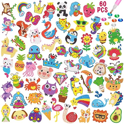 CAYUDEN Diamond Painting Aufkleber, 60pcs 5D Diamant Painting Stickers Bilder Kinder Diamond Stickers Kit Kinder Mädchen Tiere Diamant Malerei Aufkleber Diamant Kunsthandwerk Kit für Kinder 6 8 10 12 von CAYUDEN