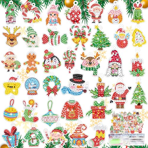 CAYUDEN Diamond Painting Weihnachtsan Hänger, 38 pcs 5D Weihnachten Diamant Painting Bilder Kinder DIY Diamond Painting Kit Weihnachten Diamant Malerei Aufkleber Kit für Mitgebsel Christmas Pendant von CAYUDEN