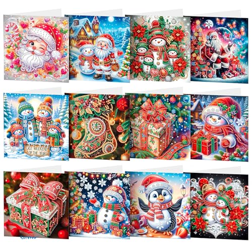 CAYUDEN Diamond Painting Weihnachtskarten, 12 Stück Diamant Malerei Weihnachten, Handgemachtes Diamond Painting Weihnachtskarten mit Umschlag Set 5D Diamond Painting Weihnachten Deko Geschenke von CAYUDEN