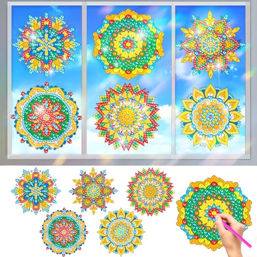 Diamond Painting Erwachsene, CAYUDEN 6pcs Mandala Diamond Malerei Aufkleber Kit DIY Buntglas-Fensteraufkleber Selbstklebend Suncatcher Sticker Fensterfolie Bling Strass Kunsthandwerk für Dekoration von CAYUDEN