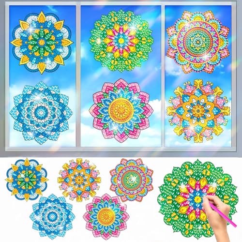 Diamond Painting Fensterbilder, CAYUDEN 6 Stück Mandala Buntglas-Fensteraufkleber DIY Diamond Suncatcher Kit Diamant Malerei Fensterkleber Kit Gem Sonnenfänger Diamond Stickers für Kinder Erwachsene von CAYUDEN