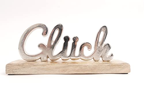 Dekoschild Schriftzug Glück Silber Mangoholz 20 cm Aufsteller Deko von CB Home & Style