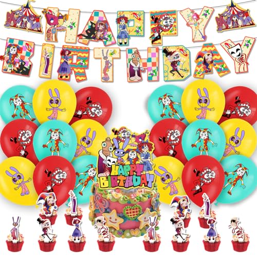 CBOSNF Digital Circus Geburtstag Luftballons 32 Stück Digital Circus Geburtstag Deko Digital Circus Geburtstag Party Banner, Cake Topper Latexballon Party Supplies für Kinder von CBOSNF