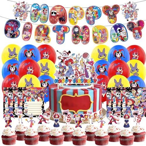 CBOSNF Digital Circus Geburtstags Dekorationen 42 Stück Circus Party Dekoration Set Happy Birthday Banner Kuchen Topper Cupcake Topper Amazing-Digital-Circus Luftballons Partyzubehör für Kinder von CBOSNF