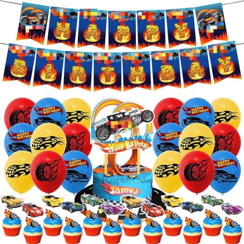 CBOSNF Geburtstag Dekorationen 32 Stück Hot-Wh-eels Geburtstag Luftballons Happy Birthday Banner Cake Topper Cupcake Topper Latexballon Party Supplies für Kinder von CBOSNF