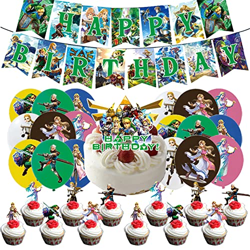 CBOSNF Z-elda Geburtstagsdeko 44 Stück Videospiel Thema Partydekorationen Happy Birthday Banner Tortendeko Cupcake Toppers Luftballons Party Supplies für Kindergeburtstag von CBOSNF