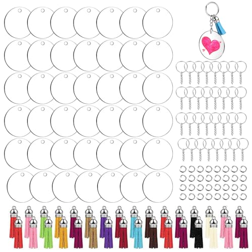 Acryl Schlüsselanhänger, 128 Stück Acryl Schlüsselanhänger Rohlinge, Runde Mehrfarige Troddel DIY Schlüsselanhänger, Schlüsselbund Transparente Rohlinge, Für Bastelarbeiten, Schlüsseldekorationen von CBRAEXY