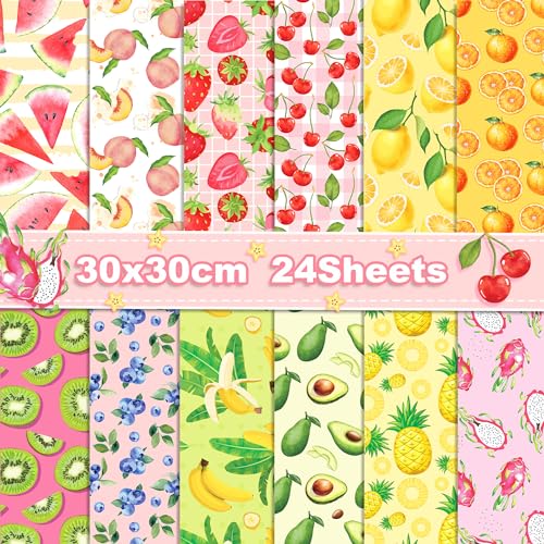 24 Blatt Obst Scrapbook Papier Hintergrundpapier, 12 Designs Doppelseitige Zitrone Erdbeere Muster Dekorpapier Scrapbook Craft Papier, 12x12Inch Karte Herstellung Scrapbook DIY Hintergrundpapier von CC HOME