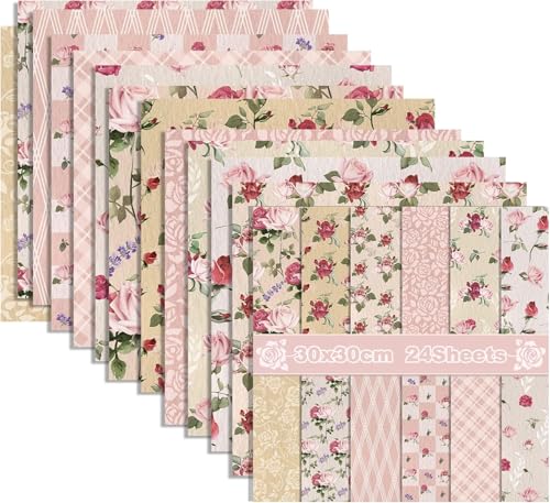 24 Blatt Retro Rose Muster Scrapbook Papier,12 Designs Doppelseitige Rote Rose Dekorpapier Scrapbook Craft Papier,12x12Inch Craft Supplies Karte Herstellung Scrapbook Zubehör von CC HOME