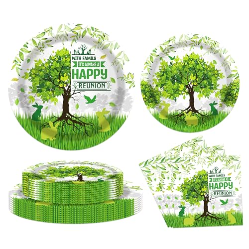 CC HOME Happy Tree Birthday Pappteller Servietten Happy Reunion Einweggeschirr Set Partyzubehör Familienbaum Thema Geschirr serviert 24 Gäste für Audlts Kinder Mädchen Babyparty Geburtstag 88 Stück von CC HOME