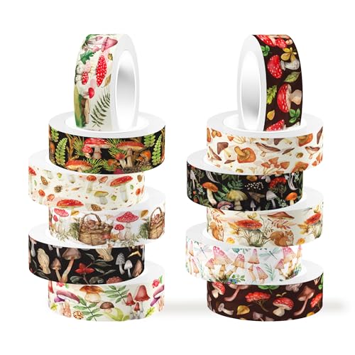 CC HOME Pilz Klebeband Washi Tape 12 Rollen,15mm Pilz Klebeband Theme Decoration Washi Tape Set,Masking Tape Dekorative Papier Aufkleber zum Verpacken von Geschenken von CC HOME