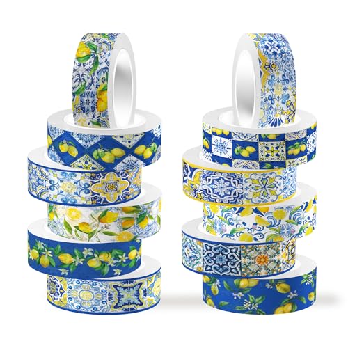 CC HOME Zitrone Klebeband Washi Tape 12 Rollen, 15mm Blaue und Weiße Porzellan Zitrone Und Papierband Tape Set, Masking Tape Dekorative Papier Aufkleber zum Verpacken von Geschenken, DIY Art Crafts von CC HOME