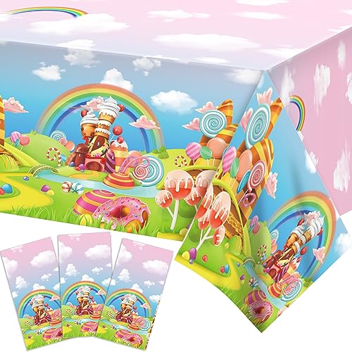 Candyland Party Tischdecke,Donut Plastik Tischdecken für Partys Candy Land Lollipop Einweg-Tischdecke für Party Lollipop Geburtstag Tischdecke Rechteckige Plastik Tischdecken 3Pcs von CC HOME