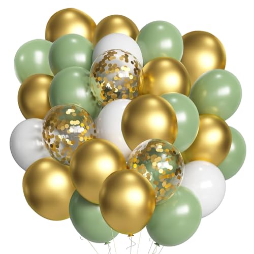 Luftballons Hochzeit,60 Stück 12 Zoll Olive Salbei Grün Gold Weiß Helium Latex LuftBallons,Ballons mit Gold Konfetti für Partys Dekoration von CC Wonderland Zone